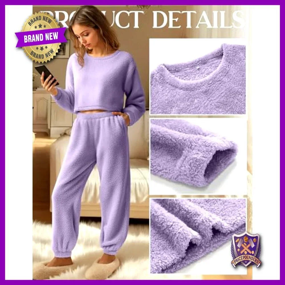 Women's Fuzzy Pajama Set Long Sleeve Crop Top Fleece Pullover Fluffy Pants